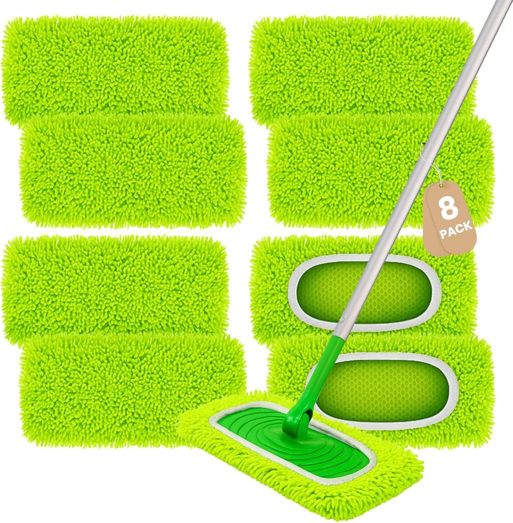 8 Pack Chenille Mop Refill Pads, Reusable Microfiber Mop Pads for 10''12'' Flat Mops, Washable Dry& Wet Pads Refill for Hardwood, Tile, Compatible with Swiffer Sweeper