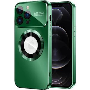 MAKAVO Magnetic for iPhone 12 Pro Max Case, Compatible with MagSafe, Built-in Camera Lens Protector, Logo View, Military Grade Drop Proof Phone Case Cover, Green