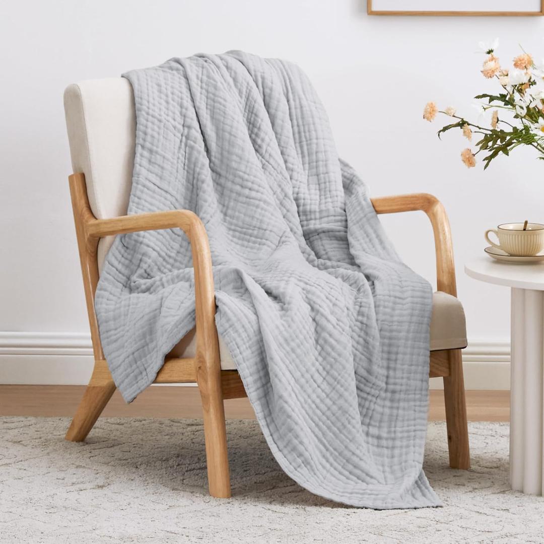 Love's cabin 100% Cotton Muslin Blanket, 6 Layer Lightweight Breathable Gauze Throw Blanket 50 x 60 Inches, Soft All Season Blanket for Couch, Bed, Sofa, Light Grey