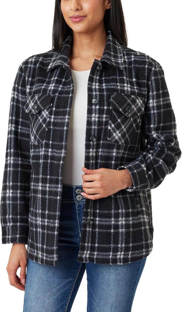 WallFlower Casual Fleece and Plaid Shackets Jackets Juniors for Women, Soft Button-Down (Black, XL)