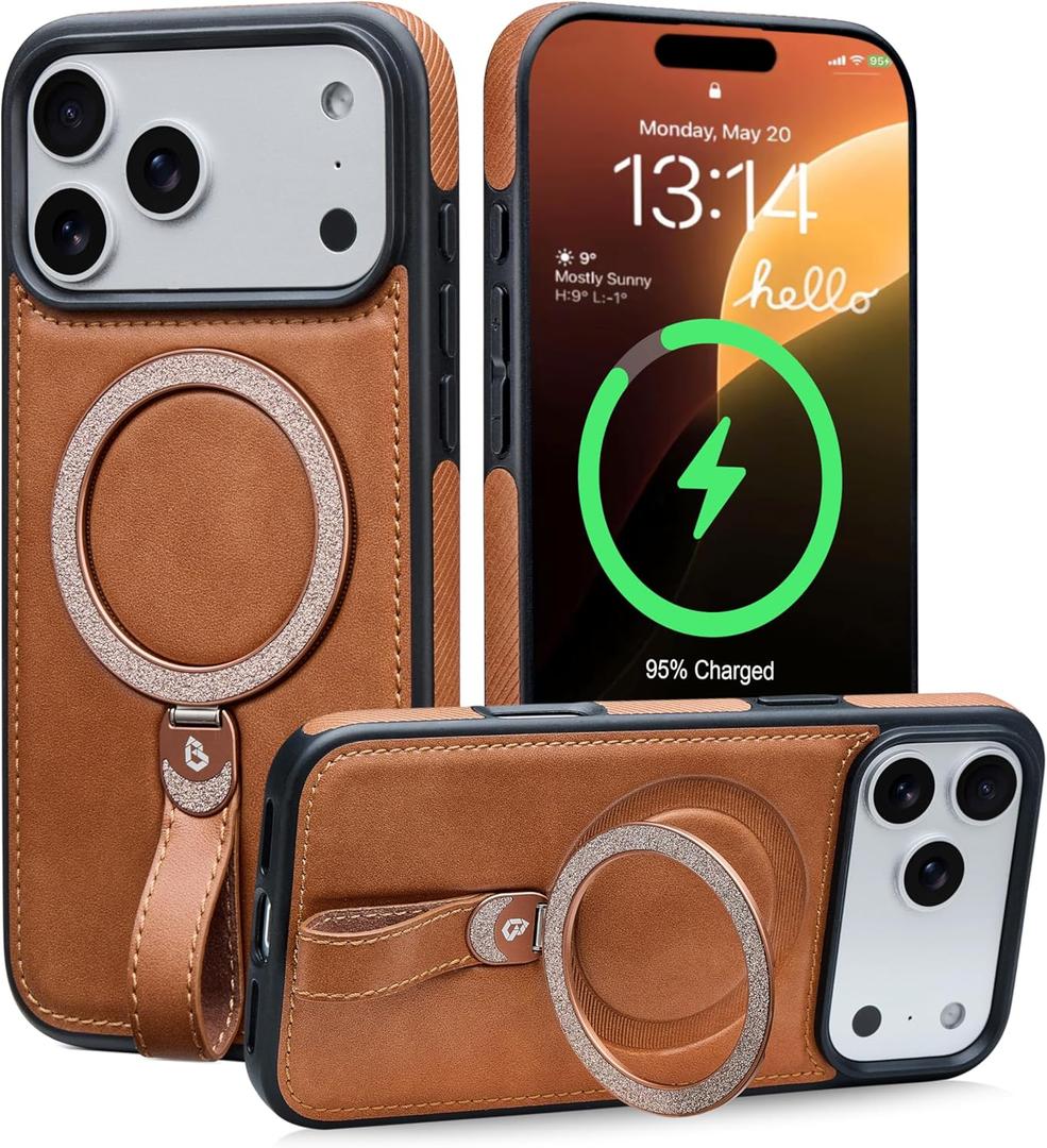 Bullroye for iPhone 17 Pro Max Leather Case with Glitter Sparkly Shiny Stand | Fits for MagSafe (Brown, iPhone 17 Pro Max)