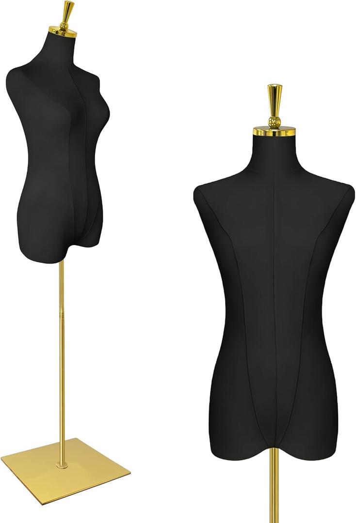Dress Form Mannequin Torso for Women, US Standard Size 0-2 | 53"-73" Height Adjustable, Black Linen Fabric Torso with Gold Metal Stand, for Sewing & Display