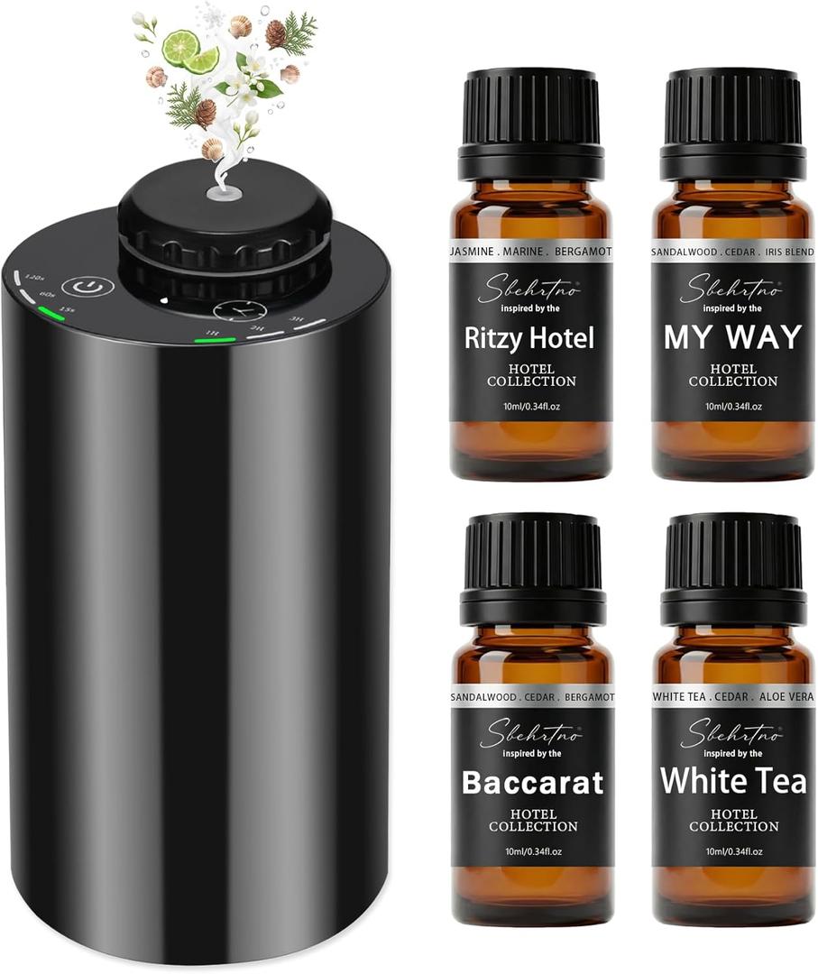 Hotel Scent Diffuser Kit Waterless Essential Oil Diffuser with 4 Luxury Fragrance Oils, Cold Air Aroma Diffuser for Home, Bedroom, Office & Car (Hotel Scent Diffuser Kit with 4 Fragrance Oils)