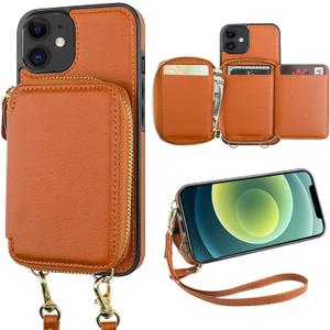 Bocasal RFID Blocking Wallet Case for iPhone 12/12 Pro, Adjustable Crossbody Zipper Purse Case Card Holder with Kickstand Detachable Wrist Strap, PU Leather Flip Folio Case 6.1 Inch 5G (Brown)