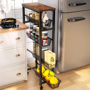 Slim Storage Cart with Drawers, 5-Tier Slim Rolling Carts with Wheels, Mobile Narrow Storage Trolley for Small Space, Metal Utility Cart Shelving for Kitchen Home Office Laundry Room Organizer