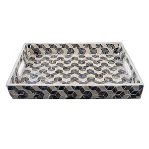 PEMAR Rectangular Mother of Pearl Serving Tray Nacre Wood Lap Tray Coffee Table Ottoman Tray w Insert Handles, Luxury Decorative Handmade Eating Tray (Geometric Cube Pattern)