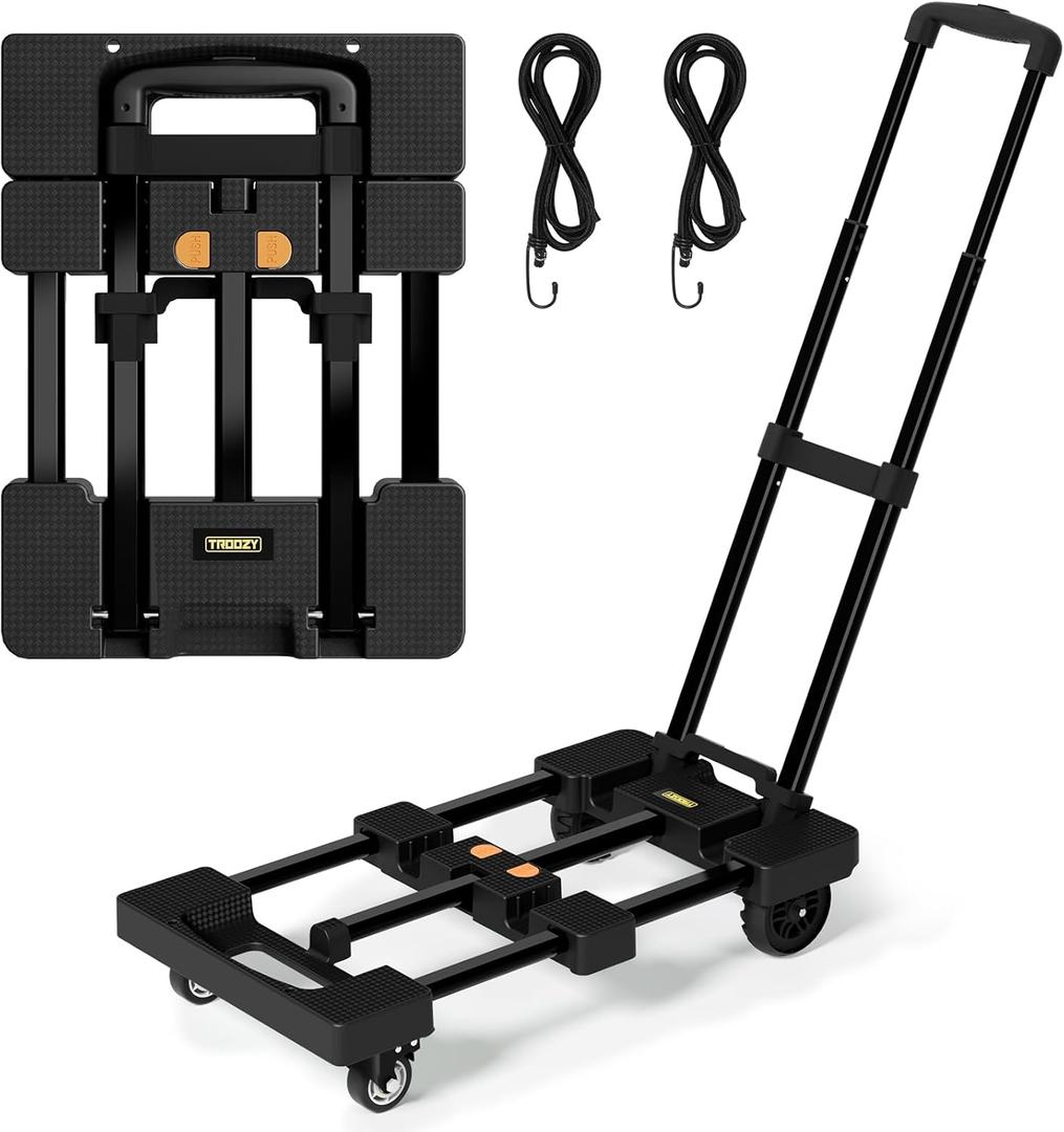 Folding Hand Truck 500 LB, Portable Heavy Duty Dolly Cart with 4 Wheels (2 with Brake) & Extendable 26" Plate, Collapsible Luggage Trolley with 2 Elastic Straps for Travel, Moving, Camping