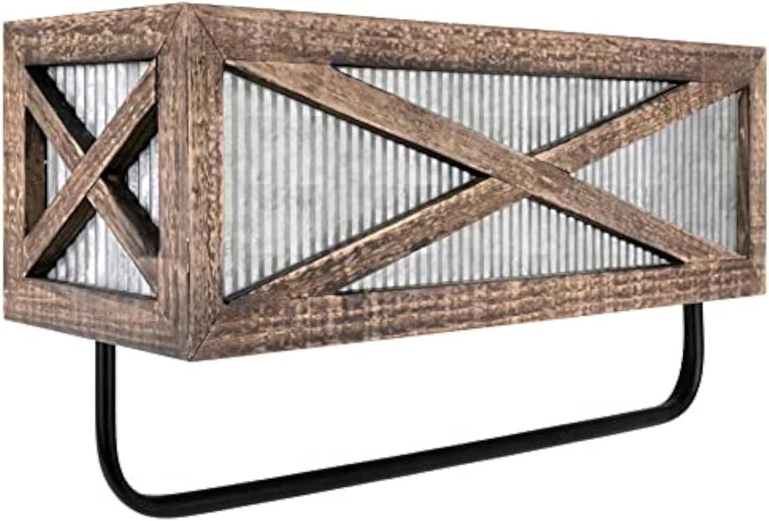 Autumn Alley Farmhouse Rustic Towel Rack Shelf Holder - Wood Towel Rack Basket Storage - Farmhouse Towel Holder for Rustic Bathroom and Farmhouse Kitchen Dcor - Wall Mounted, Galvanized, Rustic Brown