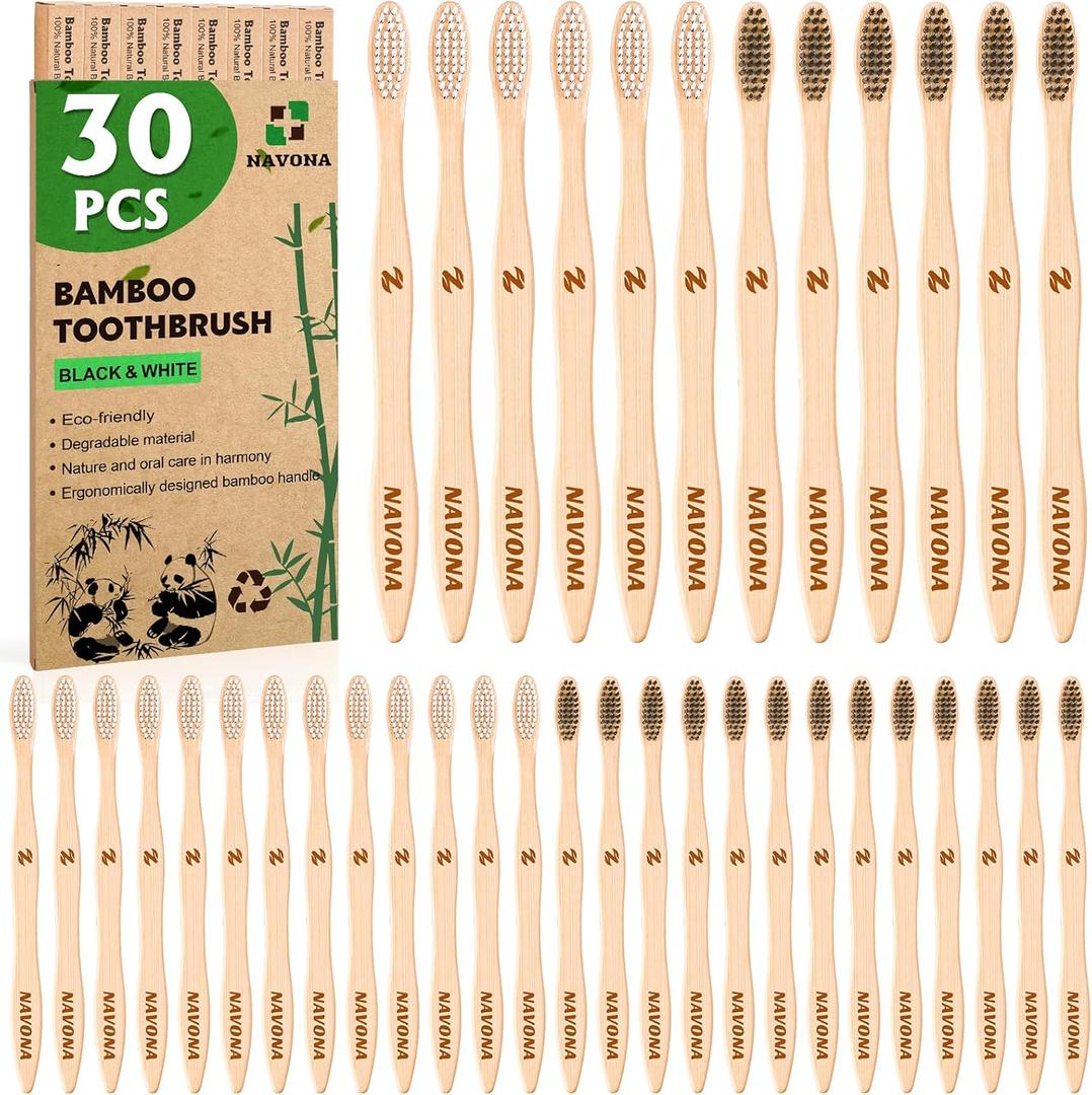 Navona 30 PCS Bamboo Toothbrushes Pack, BPA Free Medium Soft Bristles Toothbrushes for Adults, Eco-Friendly Natural Wooden Toothbrush Bulk, Box of Two Reusable Travel Toothbrush