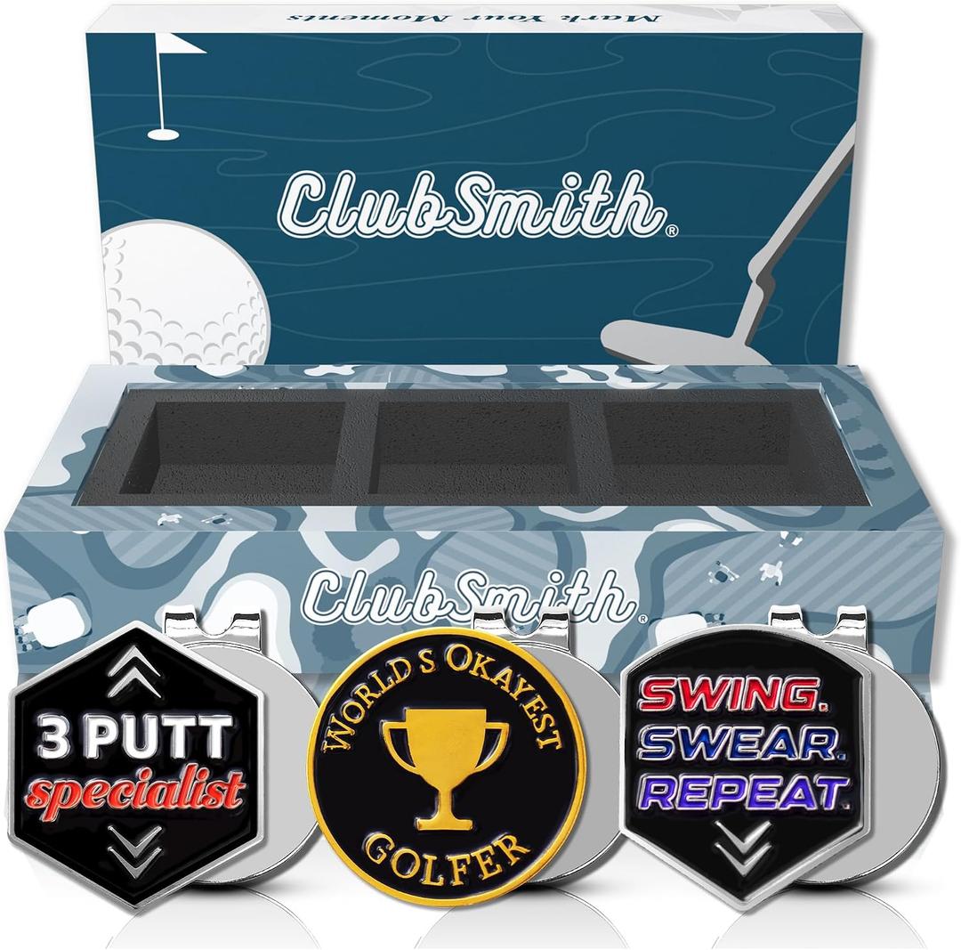 ClubSmith® Golf Ball Marker Gift Box Set with Magnetic Hat Clips, Funny Putting Marker Cool Golf Accessories, Premium Gifts for Men & Women Golfers (Set of 3)