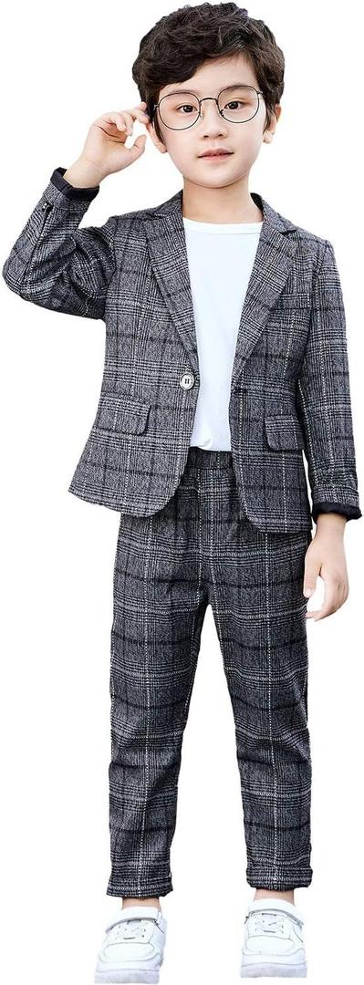Boys Plaid Blazer Pants Set Casual Suit Classic Kids 2 Piece Sport Coats Outfits (Grey, 10-12)