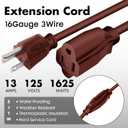 20ft Brown Outdoor Extension Cord Waterproof, UL Listed, 16/3 SJTW Heavy Duty 3 Prong, 16 Gauge 13A Power Cord Ideal for Indoor Outdoor Lights, Appliances, and Lawn