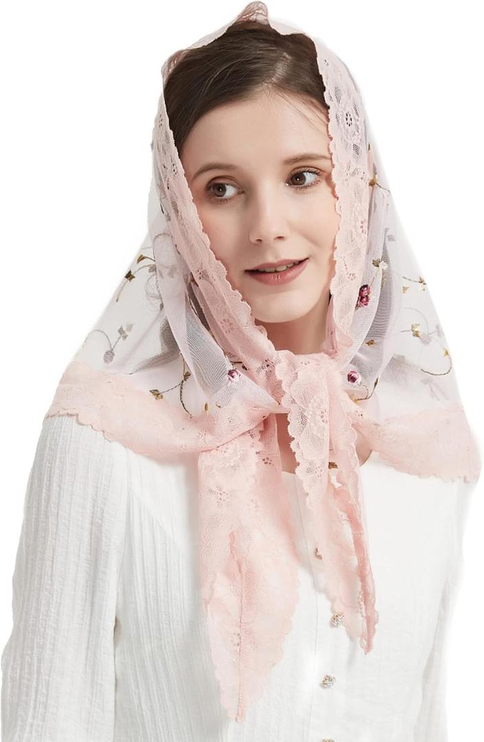 Triangle Chapel Mantilla Lace Rose Embroidery Navy Pink Ivory Veil - Latin Mass M6