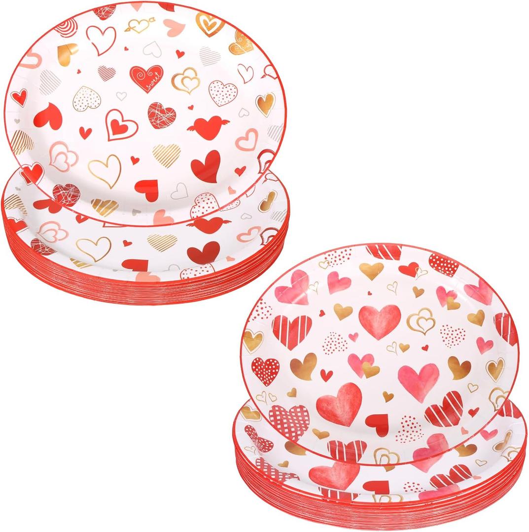 50Pcs Valentine's Party Tableware Oval Paper Plates, Large Oval Heart Design Disposable Dinner Platters Heavy Duty Dinnerware Serving Dish Platters for Valentines Bridal Shower Wedding Party Supplies