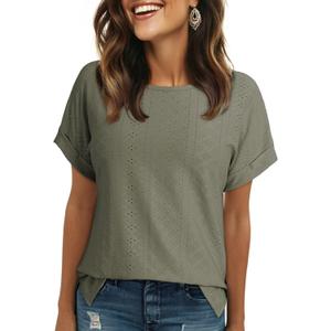 Dokotoo Women's Tops Dressy Casual Crew Neck Short Sleeve Hollow Out Lace Embroidered Blouses Shirts (Green)