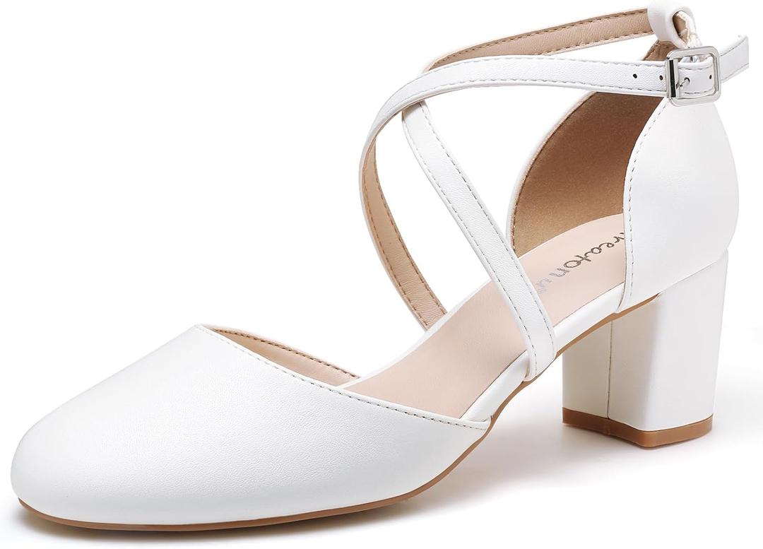 Greatonu Women's Low Block Heeled Dress Pumps Closed Round Toe Cross Strap Wedding Bridal Party Office Shoes 2.5 Inch (White, 7.5)