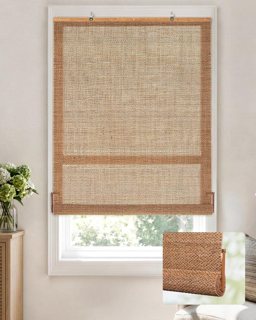 LazBlinds Manual Roll-up Bamboo Blinds, Easy Install Roller Shades for Windows, Hook-On Light Filtering Bamboo Shades for Interior Indoor Windows, 20" W x 72" H, Star-Brown