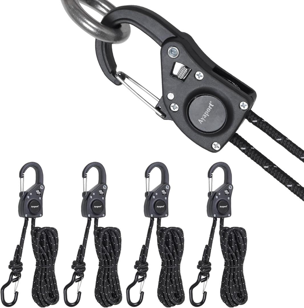 Ayaport Rope Tie Down Ratchet with Carabiner Clip 1/4" x 12' Rope Cord Tightener Heavy Duty Construction Kayak tie Downs for Tent, Tarp, Camping (Black)
