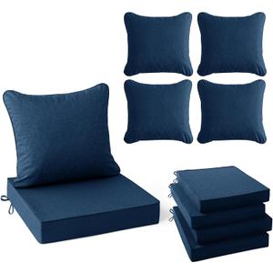 Summsun Outdoor Chair Cushions, Faux Linen Backrest and Deep Seat Cushion Set for Patio Furniture with Weather Resistant Removable Cover, Ties, Non-Slip Bottom, 22 x 22 Inch, Navy, Set of 4, 4P/22*22 + 22*20 Inch