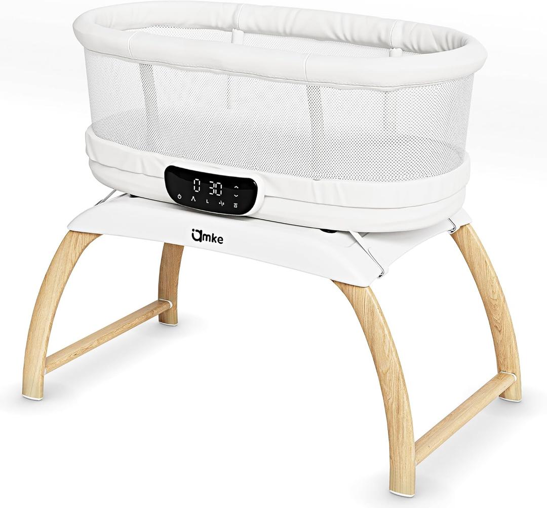 AMKE 4 in 1 Baby Bassinet with 5 Rocking Motion, Mutil-Function Electric Infant Sleeper with Timer and Weighing Mode, Remote Control, Built-in 12 Songs (White)