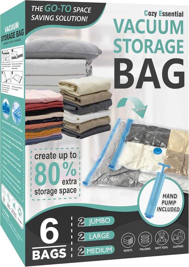Cozy Essential 6 Pack Vacuum Storage Bags, Space Saver Bags (2 Jumbo/2 Large/2 Medium) Compression Storage Bags for Comforters and Blankets, Pillow, Bedding, Vacuum Sealer Bags for Clothes Storage