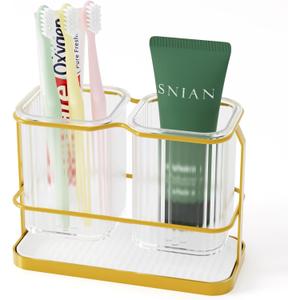 Gold Toothbrush Holders for Bathrooms, 2 Cups Toothbrush Holders Wall Mounted, Dry & Wet Separation, Bathroom Organizer and Storage - Bathroom Toothbrush Holder Set for Family Kids
