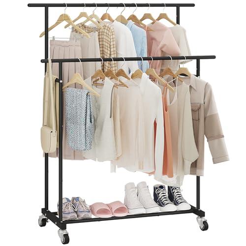 Calmootey Double Rod Clothing Garment Rack, Rolling Hanging Clothes Rack, Portable Clothes Organizer for Bedroom, Living Room, Clothing Store, Black