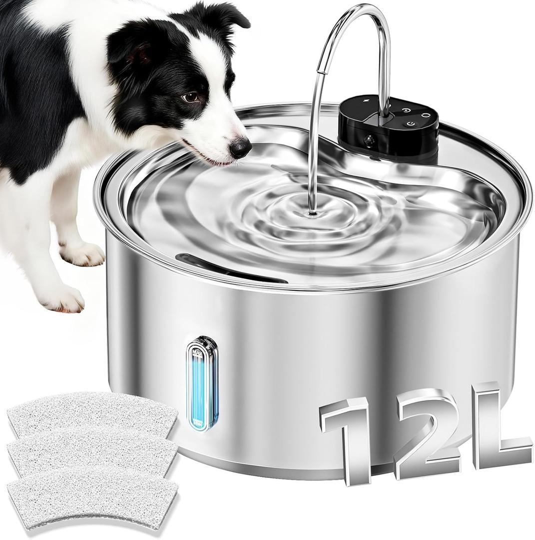 Cordless Dog Water Fountain,12L/3.2 Gal Battery Operated Automatic Pet Water Dispenser with Infrared Sensor, Stainless Steel Water Bowl for Large Dogs & Multi-Pets, 3 Modes(3 Filters)