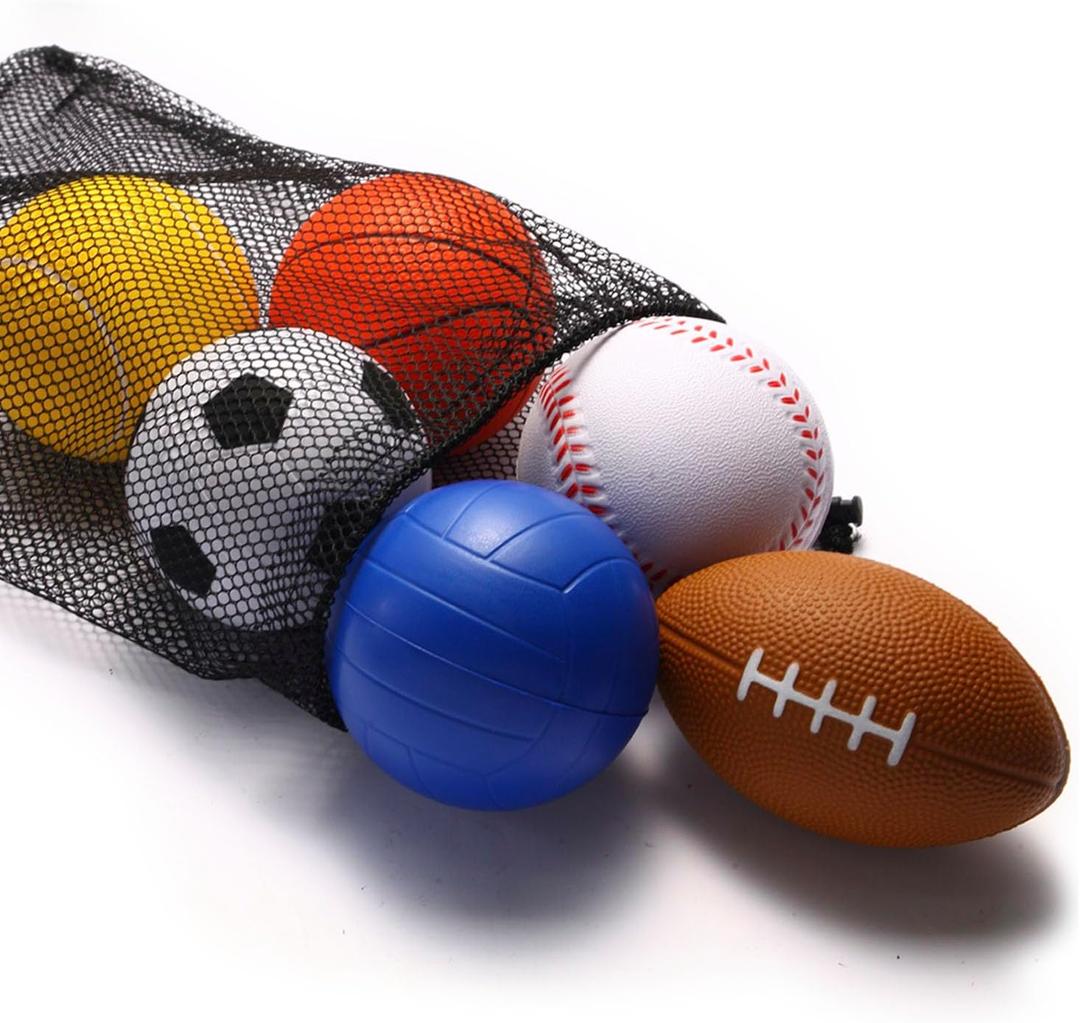 Urspasol Mini Sports Balls Set of 6 Foam Balls for Kids 3.5 inch Soft Ball for Toddlers 1-3 with Bag Includes Soccer, Basketball, Football, Baseball,Tennis and Volleyballs- Throwing Toys for Babies