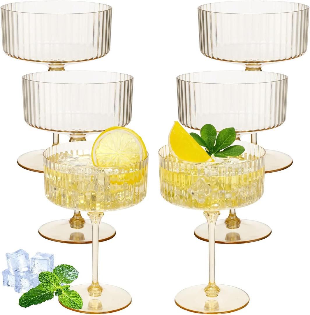 Jingmore 6 Pcs Ribbed Martini Glasses 10 oz Disposable Plastic Vintage Ribbed Coupe Glasses Unbreakable Dessert Parfait Glassware for Wedding Birthday Party Supplies (Gold)