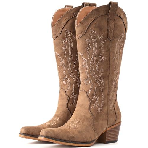 IUV Cowboy Boots For Women Western Cowgirl Boots with Chunky Heel Mid Calf Snip Toe Ideal for low insteps, Size 6