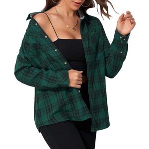 Deer Lady Plaid Flannel Shirts for Women Buffalo Plaid Shirts Oversized Long Sleeve Casual Button Down Blouse Top (X-Large, Green)