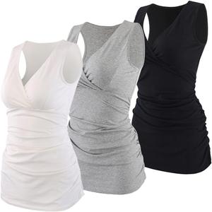 Women's Cotton V Neck Tank Top for Maternity and Nursing (Large, Black+grey+white)