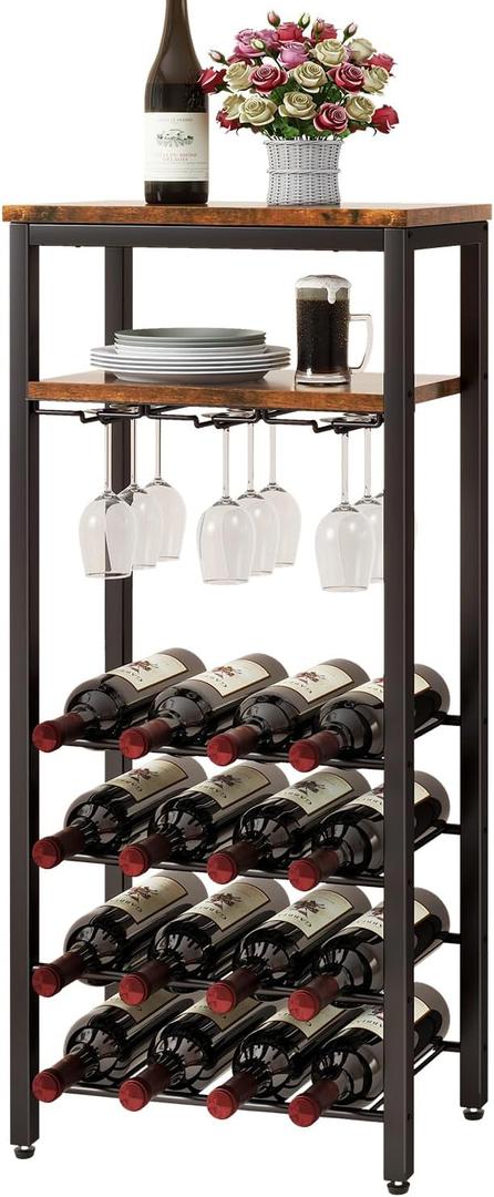 IBUYKE Wine Racks Freestanding Floor,Liquor Bottle Holder,16 Bottles Wine Cabinet with Glass Holder,Wine Holder Display,Mini Wine Bar Table for Living Room,Kitchen Pantry,Dining Room,Brown UTMJ907H (15.7x11x38.5 inch)