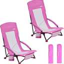 SUNNYFEEL Folding Beach Chair, High Back Beach Chairs for Adults, Lightweight Portable Camp Chair 300lbs Heavy Duty with Carry Bag, Cup Holder for Outdoor Travel Picnic Concert, 2 Pack, Pink, Large