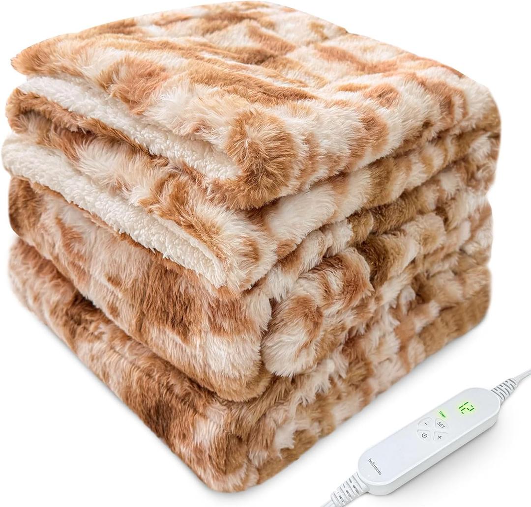 HELLOMOTO Updated Weighted Heated Blanket for Men/Women, 15 lbs Electric Blanket, Dual Sided Cozy Fluffy Throw Blanket, 8 Timer Settings & 10 Heat Settings,48x72 inches(Brown-White) - SW4872