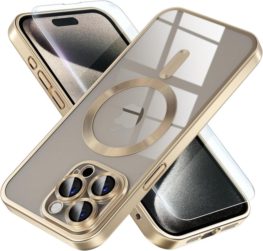 Misea Magnetic for iPhone 15 Pro Max Case [Never Yellowing] [Military Grade Drop Protection] Full Camera Lens Protector Soft Clear Phone Case for Women Girls, Titanium Gold
