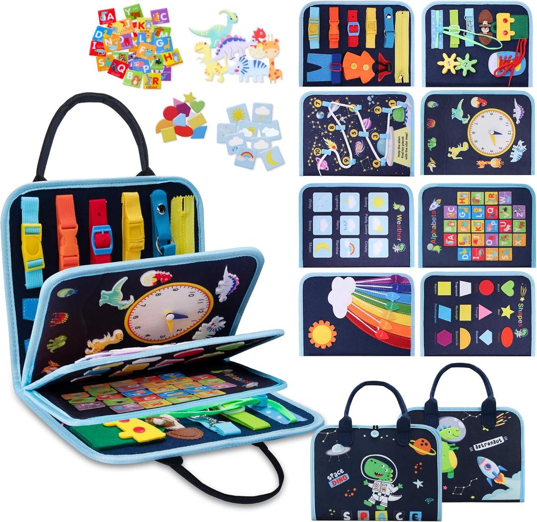 GONINO Toddler Busy Board Montessori Toys for 1-3 Year Old, Dinosaur Space Busy Book with 23 Activities for Learning Fine Motor Skills, Sensory Travel Toys for Airplane Car, Gifts for Boys Girls, Blue