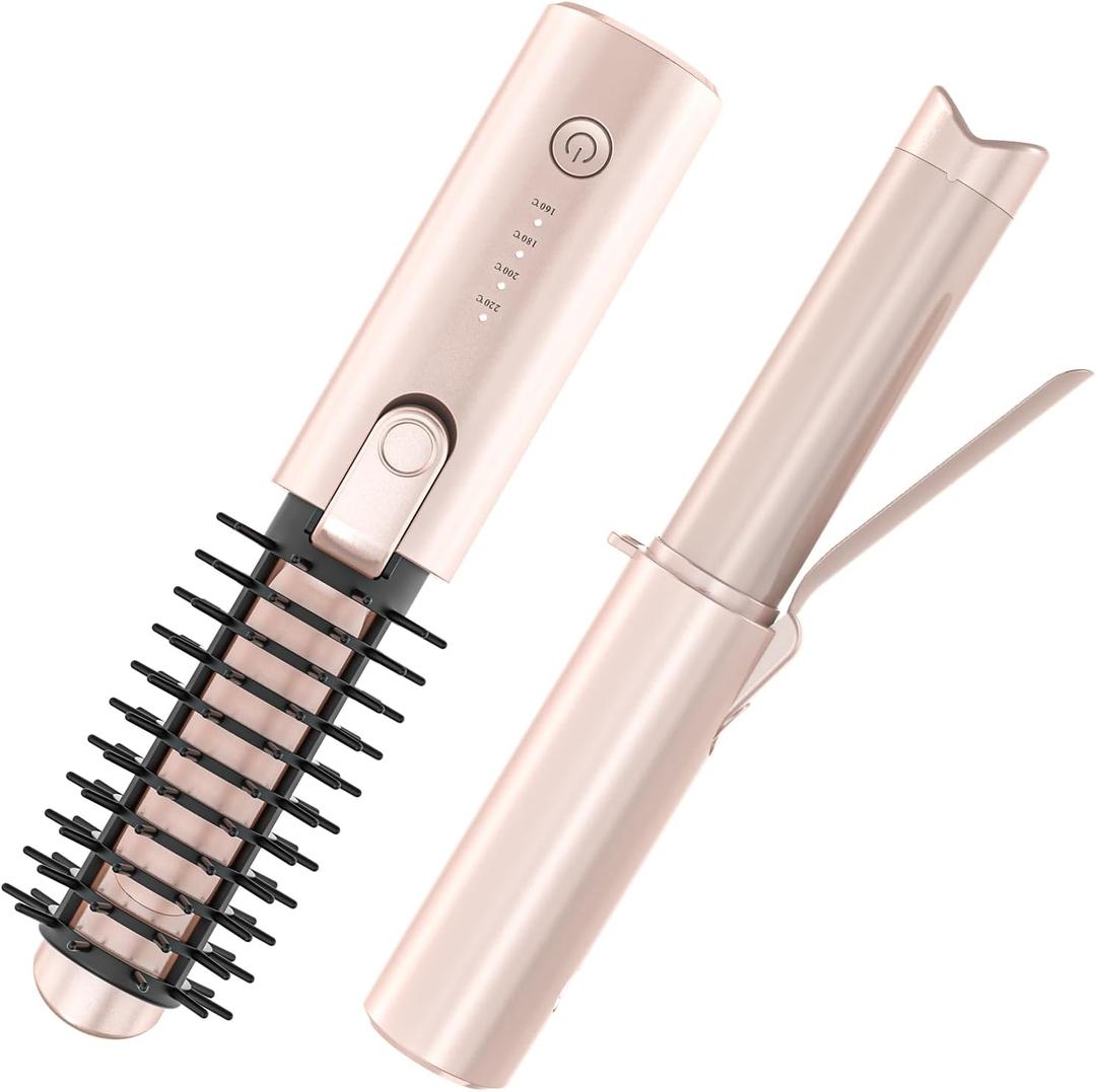 Youbella Cordless Hair Curling Iron Brush, Portable Travel Hair Curler, Mini 1.5 Heated Round Brush, 3-in-1 USB Rechargeable Straightening Wand for Styling & Smoothing, 200 Million Ionic Care, Pink