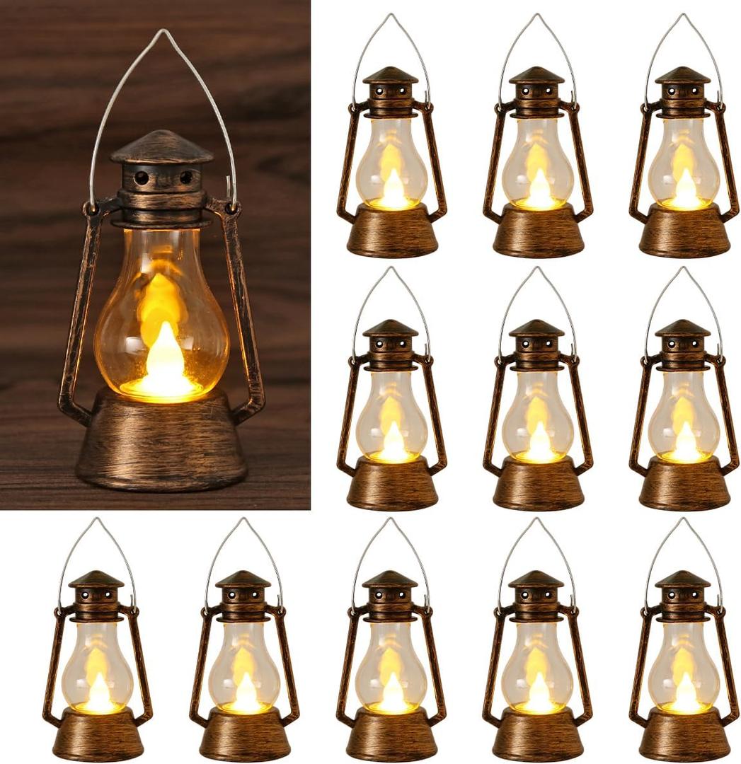 12Pcs LED Mini Vintage Lanterns Decor Indoor Decorative Outdoor Hanging Lantern Decorative Small Candle Lanterns Farmhouse Decor for Wedding Centerpiece,Halloween,Christmas,Farmhouse Decorative (Gold)