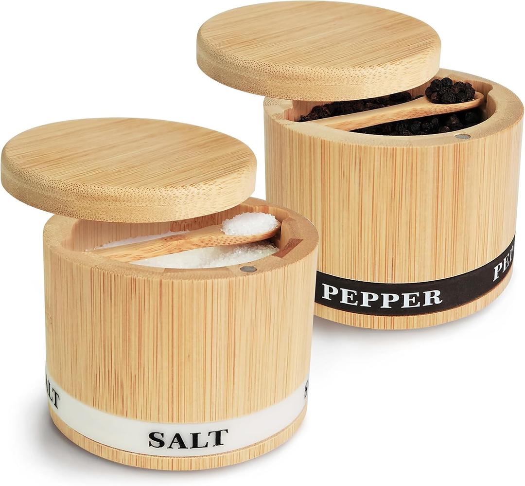 Salt Box 2Pcs Spice Cellar with Swivel Lid and Spoons Small Bamboo Pepper and Salt Containers with Salt Pepper Labels,Dual 8 oz Capacity Holder for Seasoning and Small Items