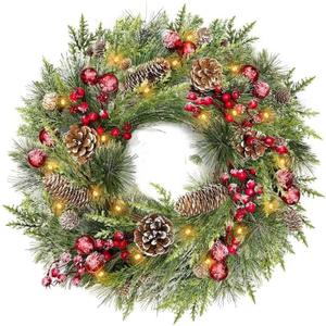 Timer-20 Inch Flocked Christmas Wreaths for Front Door, Lighted Christmas Wreath with 30 LED Warm White Lights, Real Touch Cedar Wreath Cypress Pinecone Red Berry Xmas Wreath Decor Home Outdoor Indoor