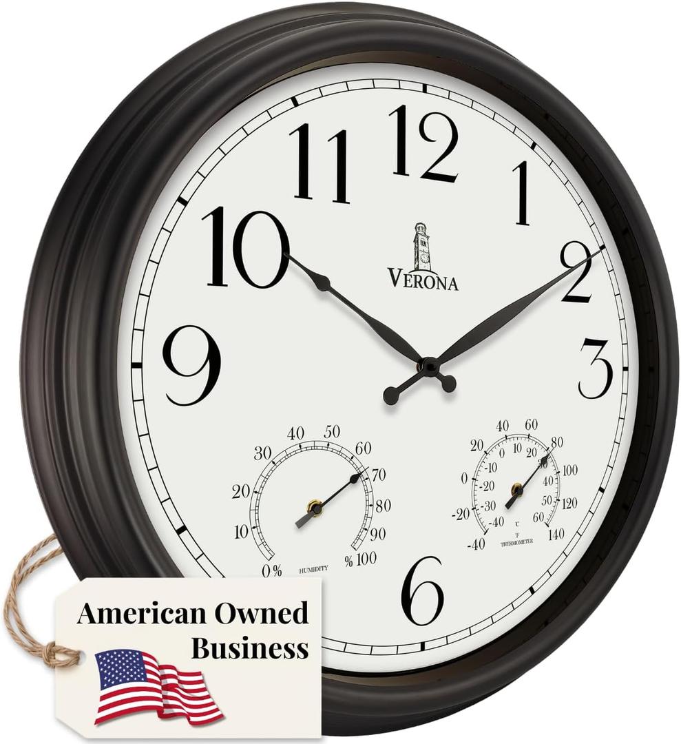 Large Outdoor Patio Clock - Waterproof Thermometer Combo, 24 Inch, Black