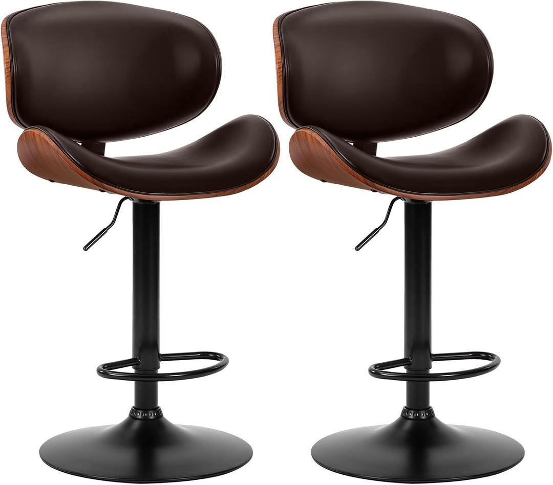 DUMOS Swivel Bar Stools Set of 2, Adjustable Counter Height Bentwood BarStools, PU Leather Upholstery Bar Chair with Ergonomic Back and Footrest, Counter Stools for Bar, Home Kitchen Island, Brown