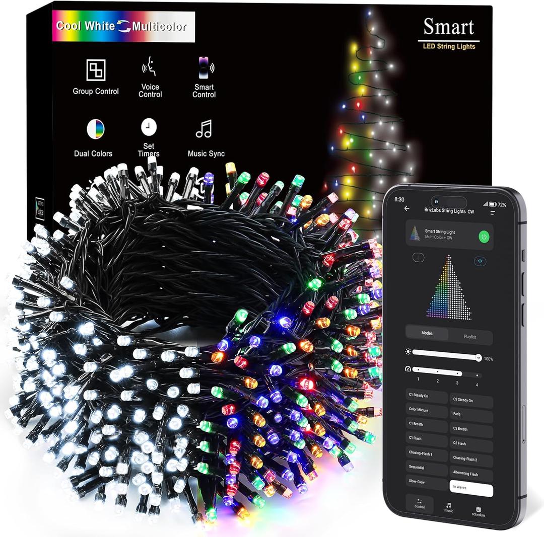 BrizLabs Christmas Lights App & Voice Control, 180ft 500 LED Color Changing Smart Christmas Fairy String Lights, Cool White & Colored Outdoor Mini Tree Light String for Indoor Outside Xmas Decor