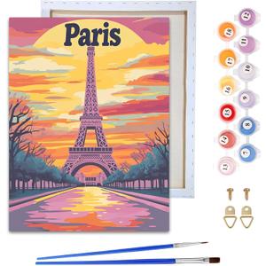 Reofrey Framed Paint by Numbers Kit for Adults & Beginner - 8x12 Inch Canvas Eiffel Tower Paint by Numbers - Landscape Educational & Creative Art Set for Beginners - Perfect for Home & Wall Decoration