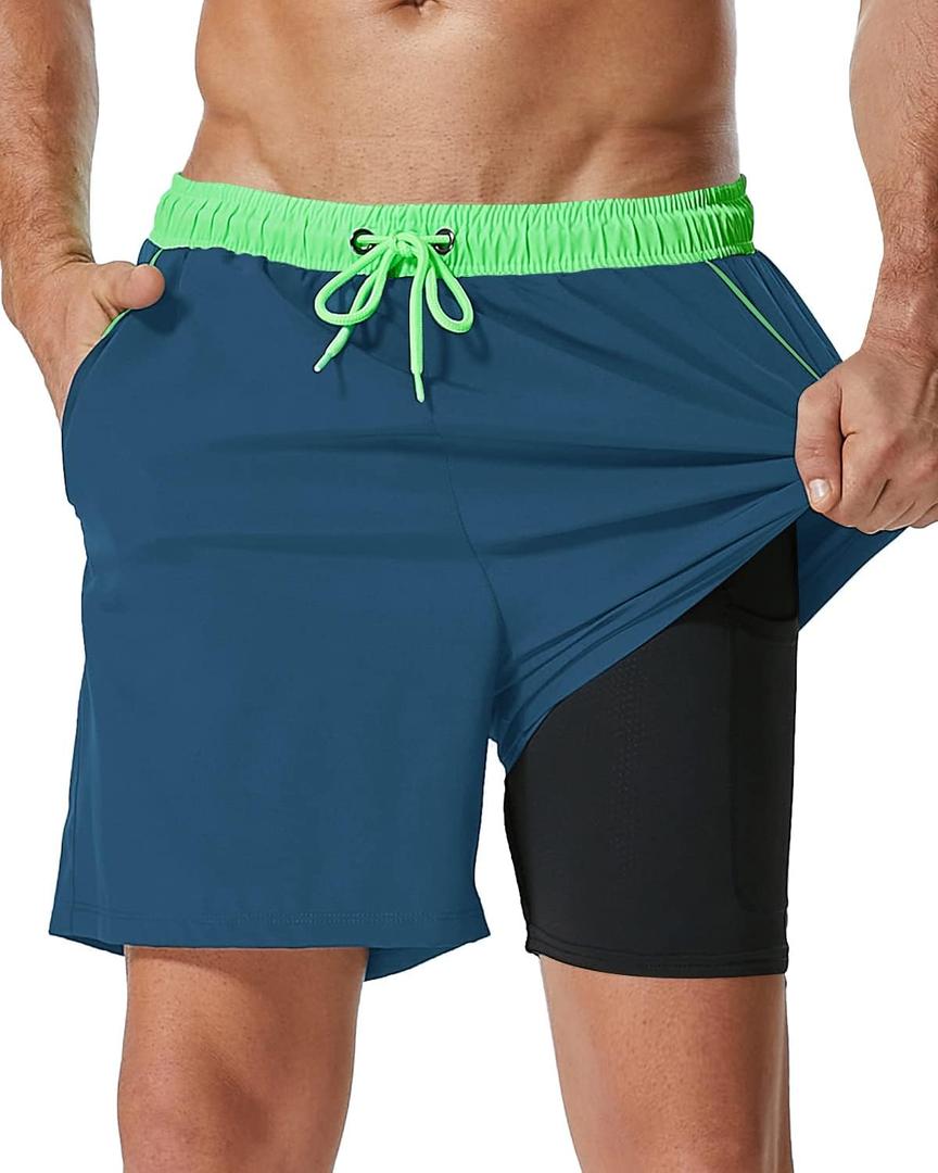 SILKWORLD Mens Swim Trunks with Compression Liner 2 in 1 Quick Dry Bathing Suit Beach Shorts with Zipper Pockets (Large, Peacock Blue)