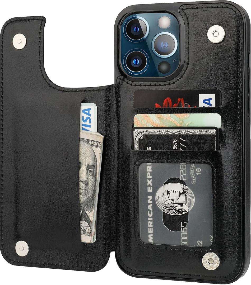 ONETOP Compatible with iPhone 13 Pro Max Wallet Case with Card Holder,PU Leather Kickstand Card Slots Case, Double Magnetic Clasp and Durable Shockproof Cover 6.7 Inch(Black)