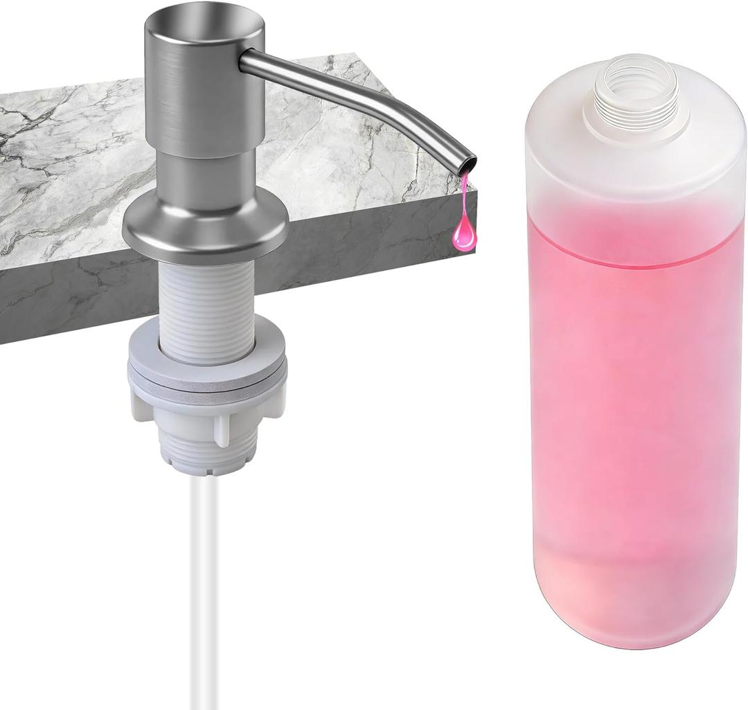 Soap Dispenser for Kitchen Sink, Brushed Nickel Stainless Steel Built-in Pump 
with 13 oz Refillable Bottle, Easy Top Refill Countertop Soap Pump