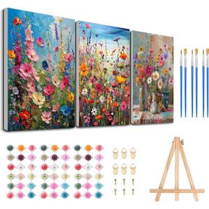 3 Pack Floral Framed Paint by Numbers for Adult with Wooden Easel 8x12 inch | Wildflowers Paint by Number on Canvas Oil Painting Kit with Brushes, Easy Adults' Paint-by-Number Kits for Home Wall Decor